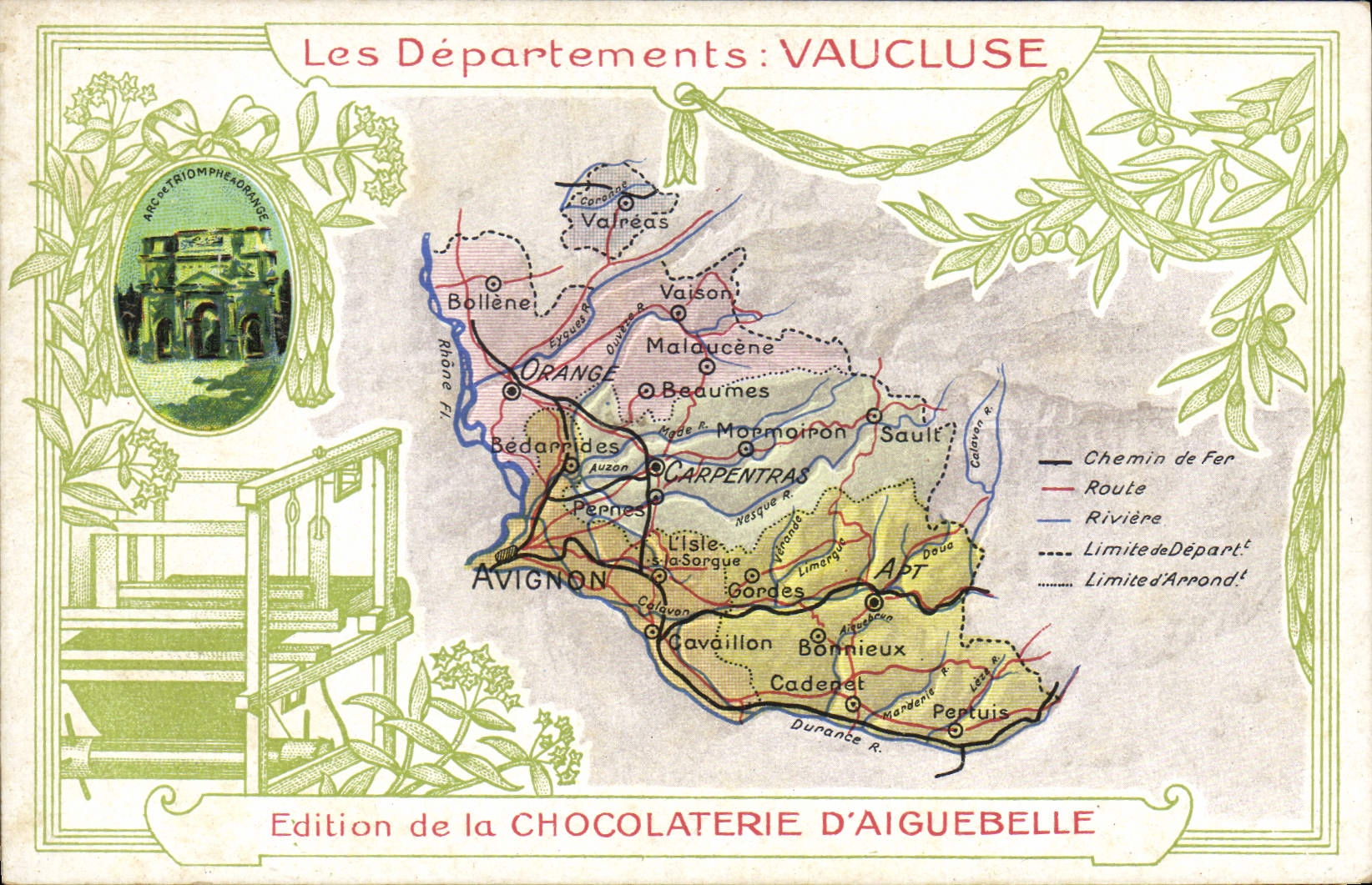 Fábrica geográfica del chocolate de los mapas de la POSTAL de la VENDIMIA de naranja de Aiguebelle Vaucluse Arc de Triomphe