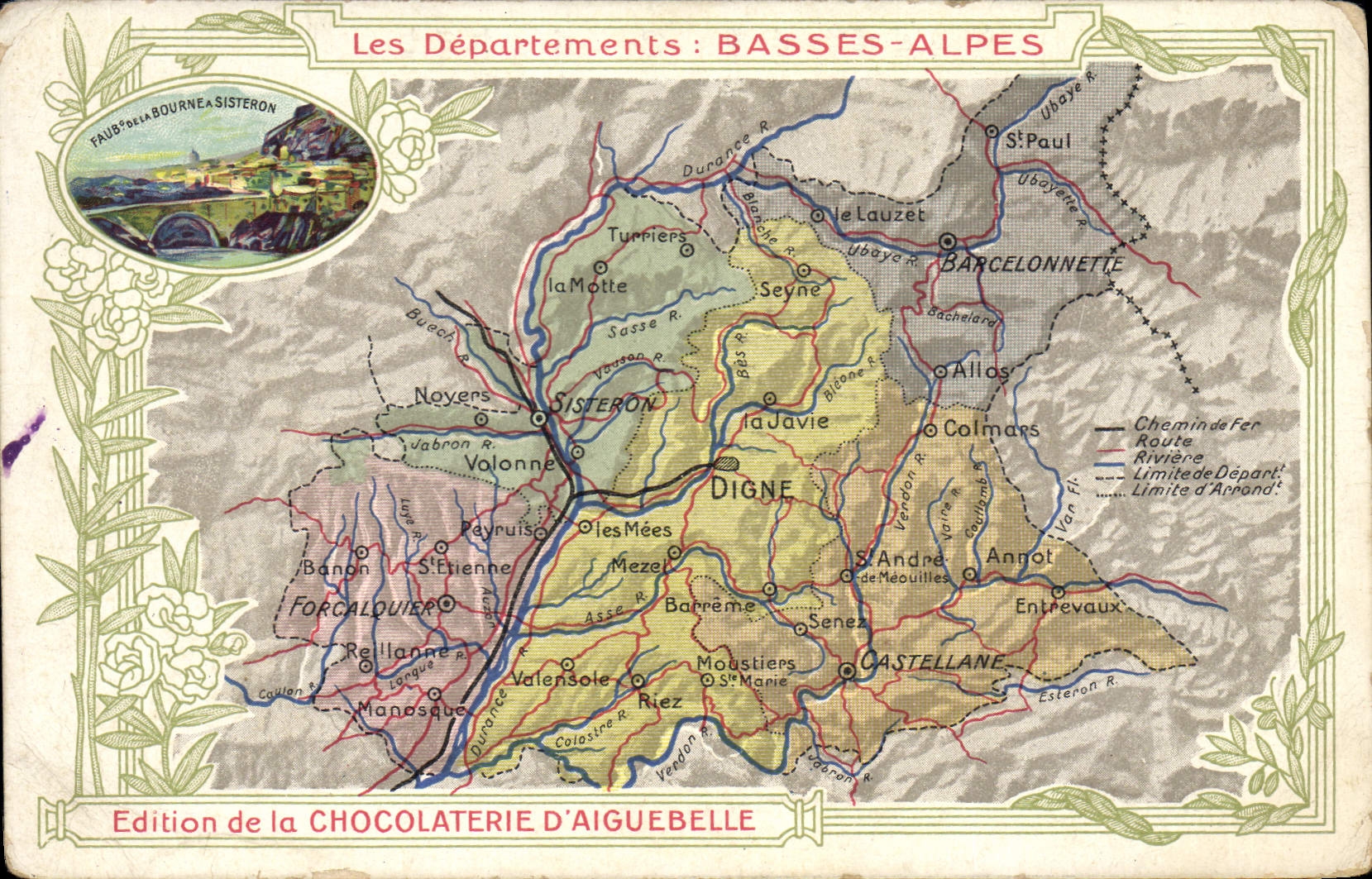 Fábrica geográfica del chocolate de los mapas de la POSTAL de la VENDIMIA de Aiguebelle las montan@as bajas Sisteron