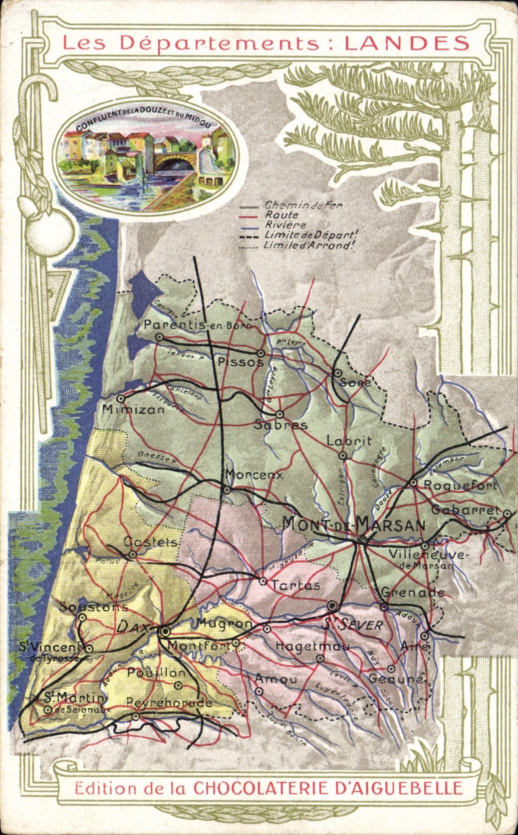 La fábrica geográfica del chocolate de los mapas de la POSTAL de la VENDIMIA de Aiguebelle amarra la confluencia de los doce y Midou
