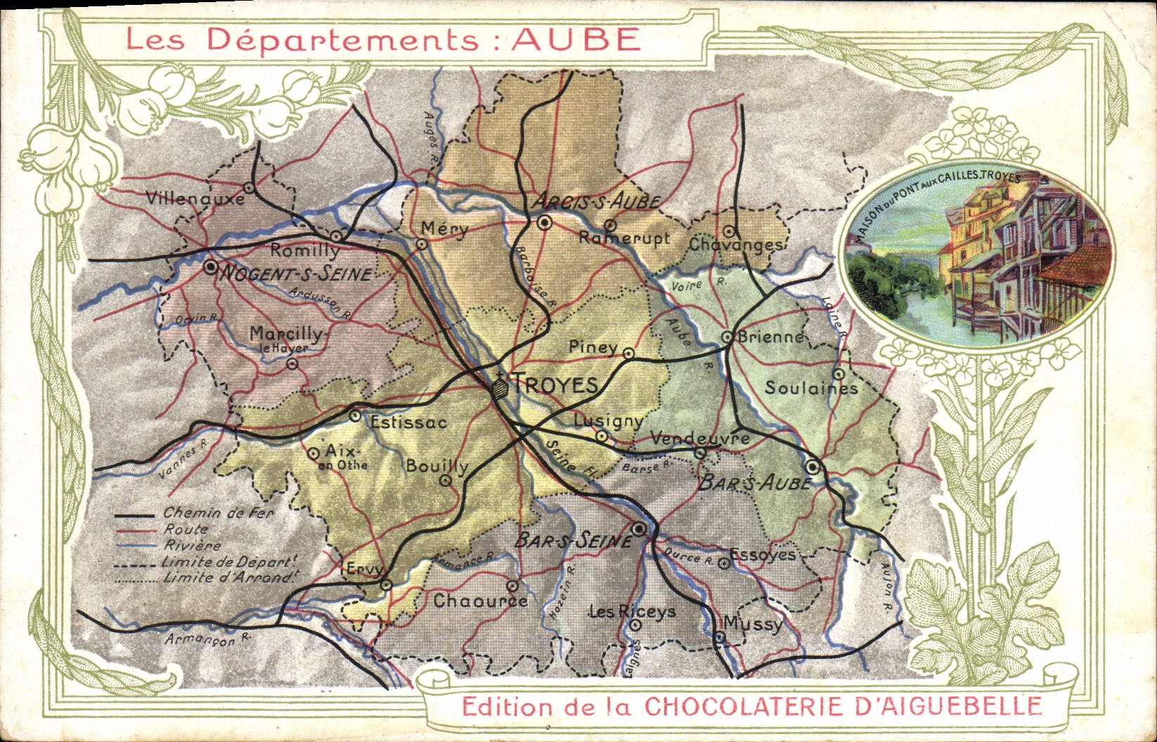 CPA Cartes geographiques Chocolaterie d'Aiguebelle Aube Pont aux Cailles Troyes