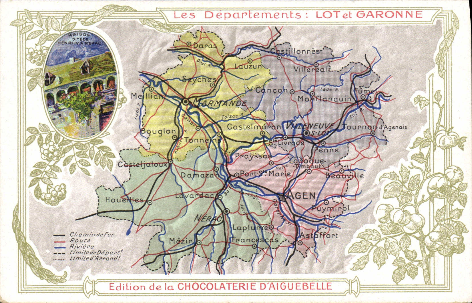 VINTAGE POSTCARD Geographical maps Chocolate factory of Aiguebelle Lot et Garonne House of Henri IV has Nerac