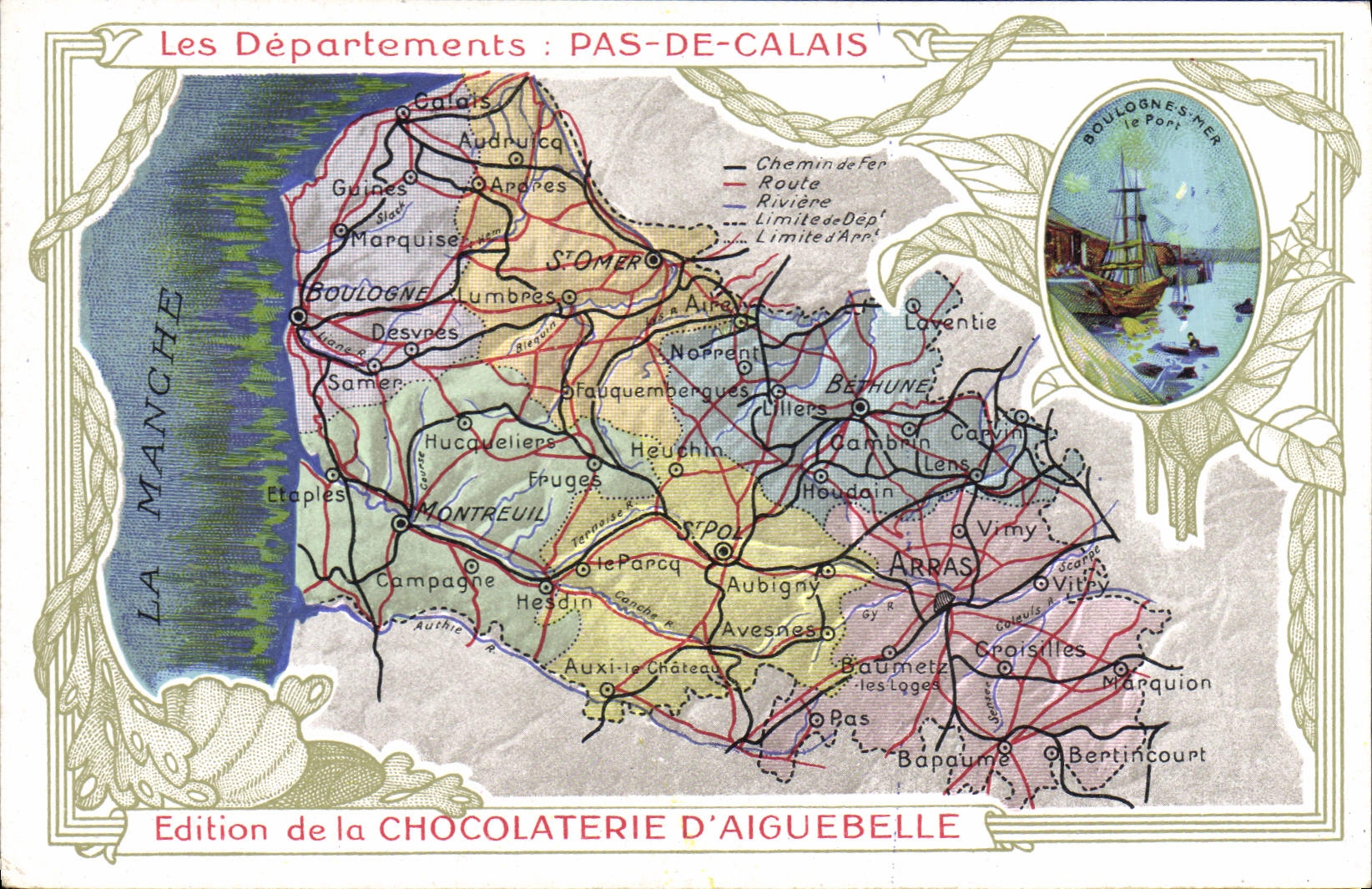 VINTAGE POSTCARD Geographical maps Chocolate factory of Aiguebelle Boulogne Pas-de-Calais on Sea Boat