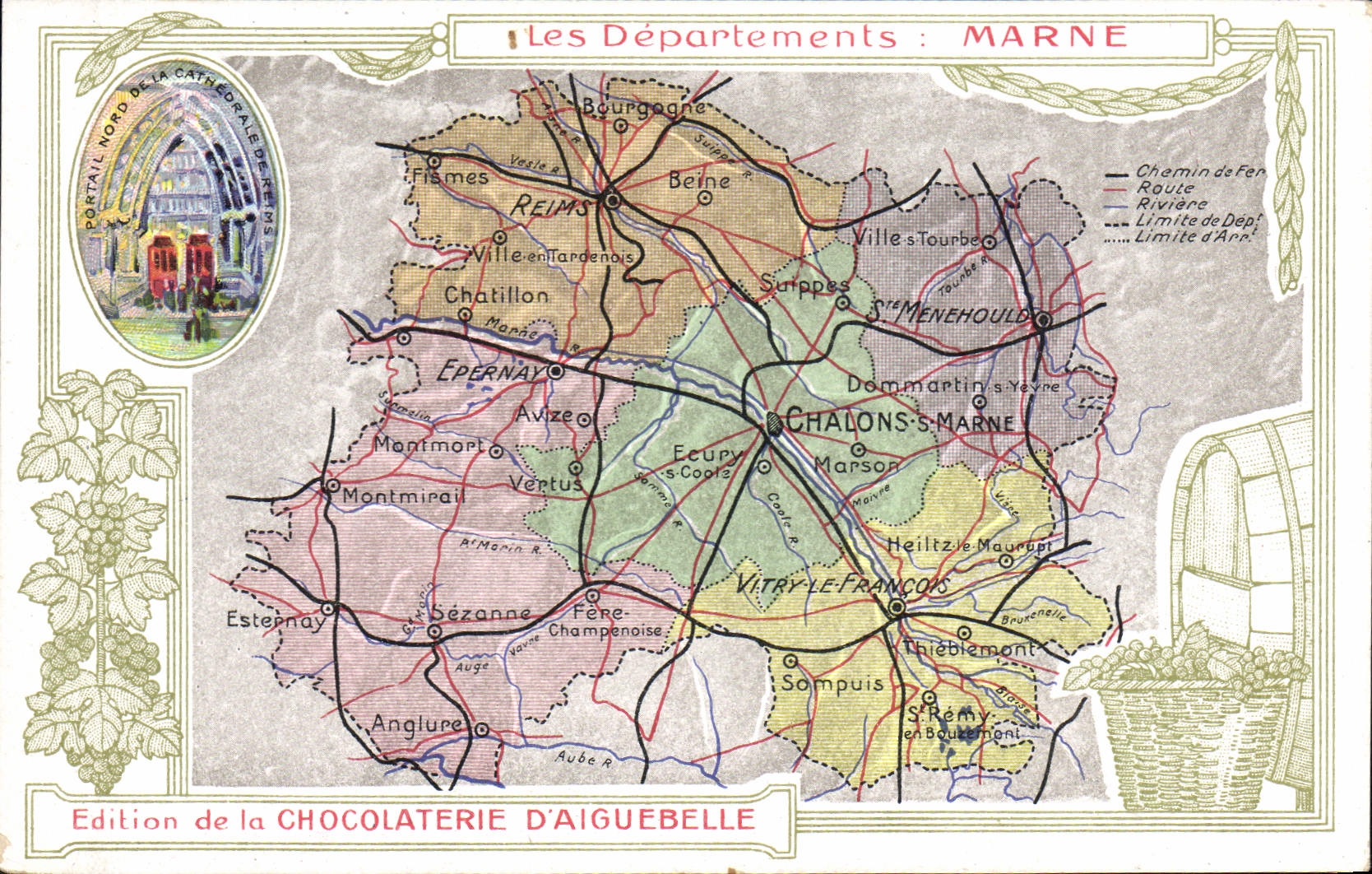 VINTAGE POSTCARD Geographical maps Chocolate factory of Aiguebelle the Marne Cathedral of Rheims