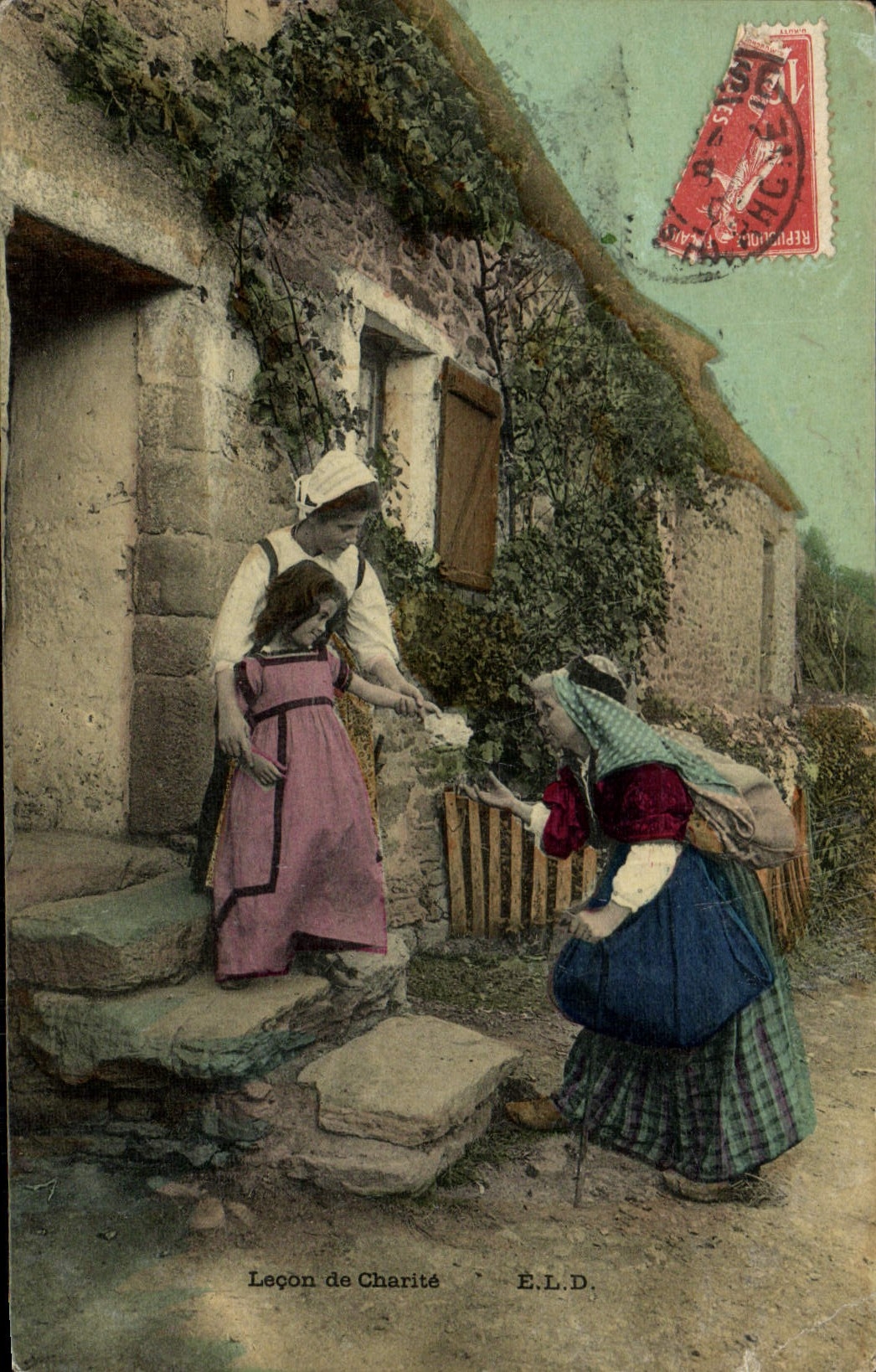 CPA Folklore Lecon de charite Mendiante