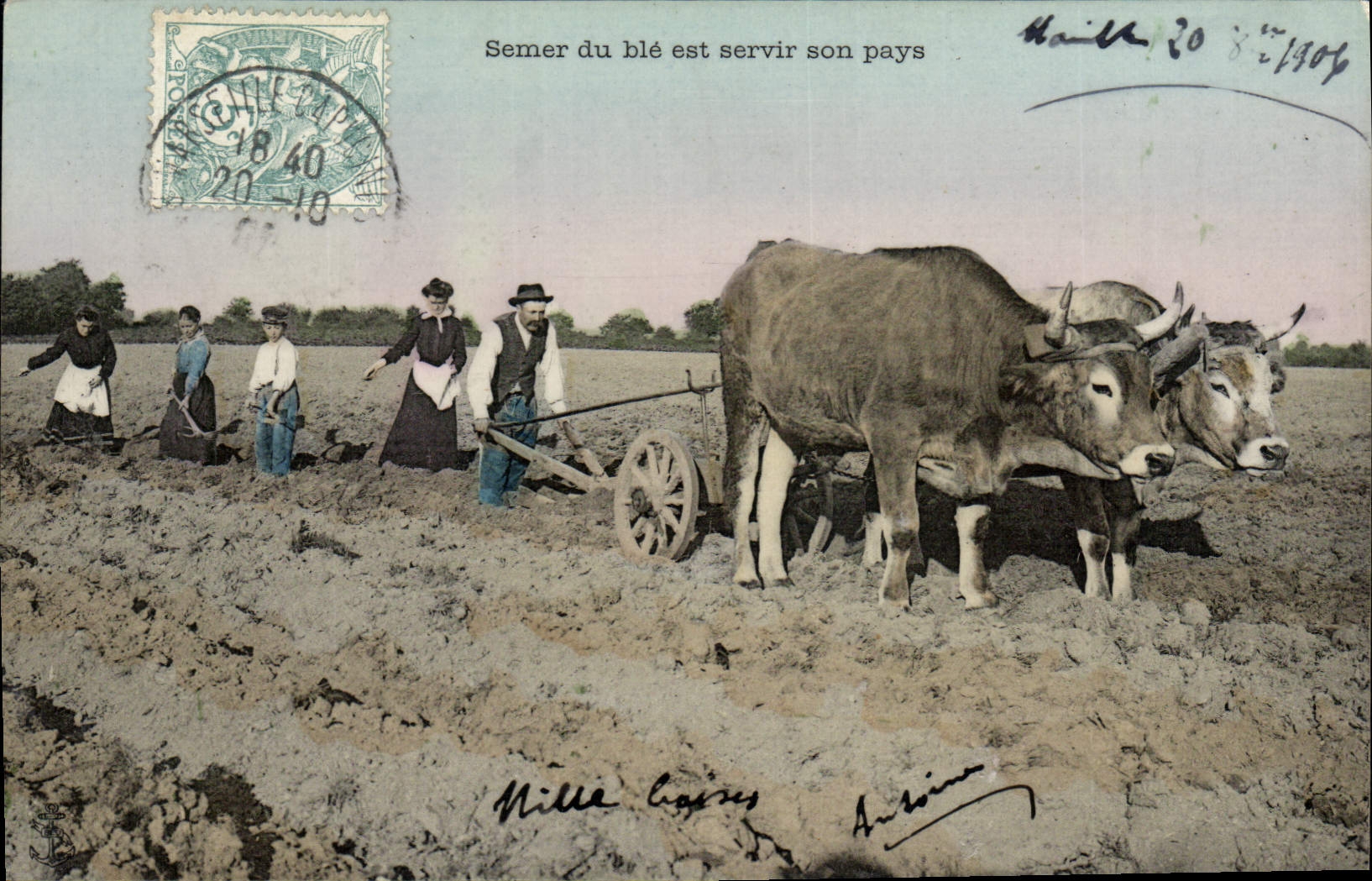 El folklore de la POSTAL de la VENDIMIA para sembrar maíz es servir su arado de Boeufs del país