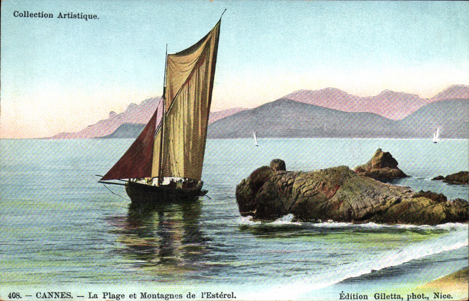 CPA Bateau Peche Cannes La plage et montagnes de l'Esterel