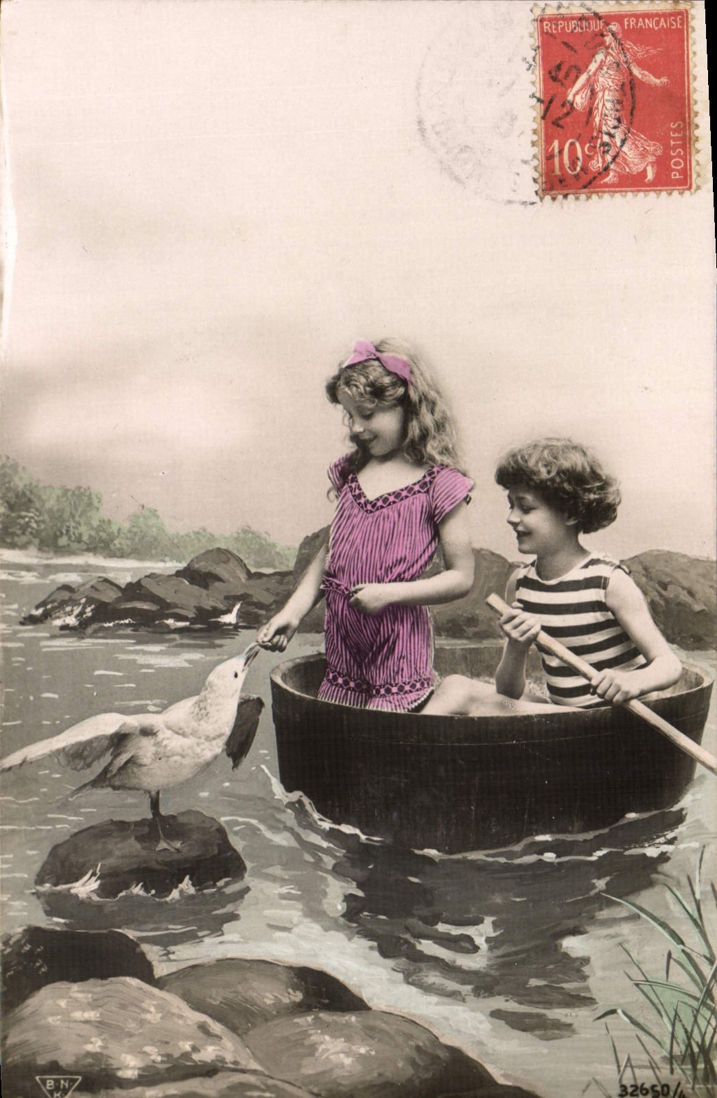 VINTAGE POSTCARD Fantasy Children Bathing suit Gull bird