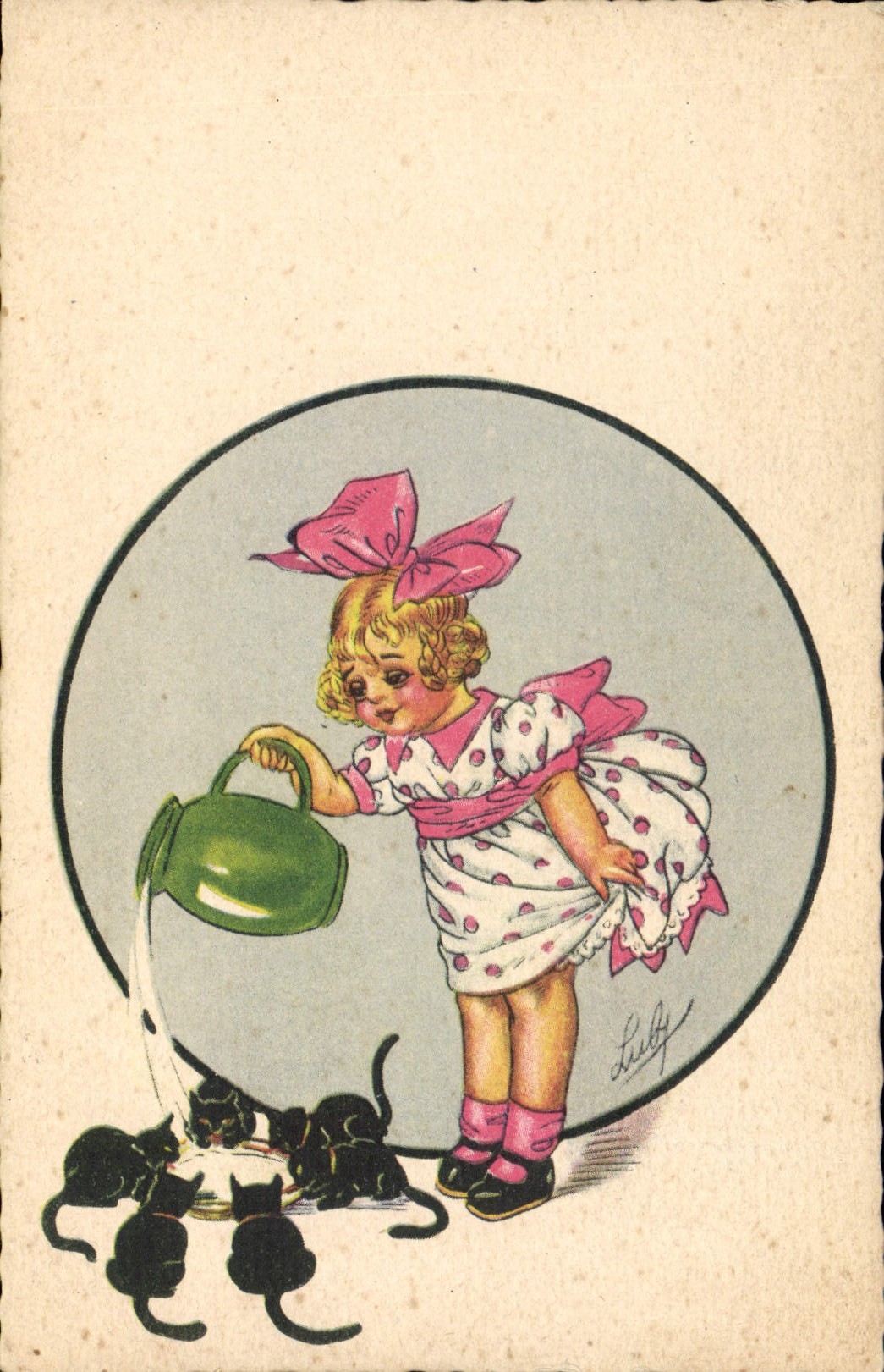 VINTAGE POSTCARD Fantasy Illustrator Child Cat Cats