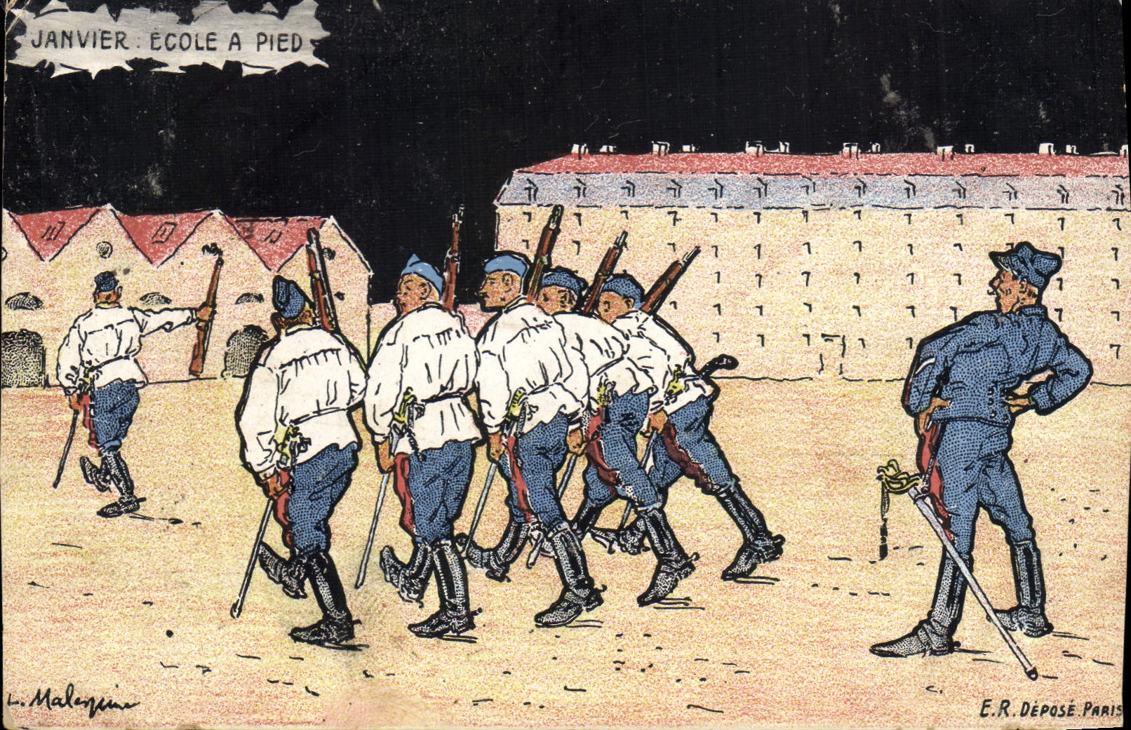 VINTAGE POSTCARD Militaria School January has foot