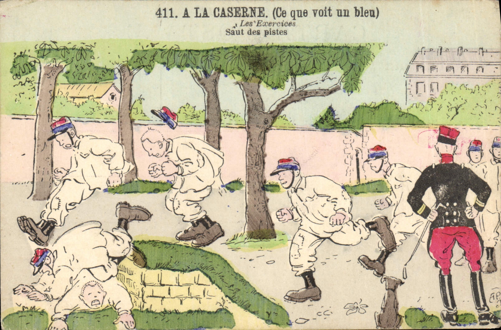CPA Militaria A la caserne Ce que voit un bleu Saut des pistes 