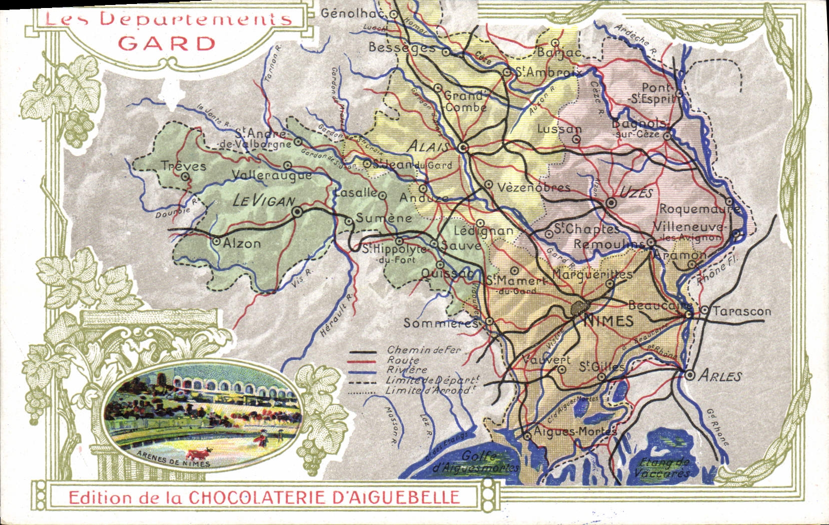 CPA Cartes geographiques Chocolaterie d'Aiguebelle Gard Arenes de Nimes