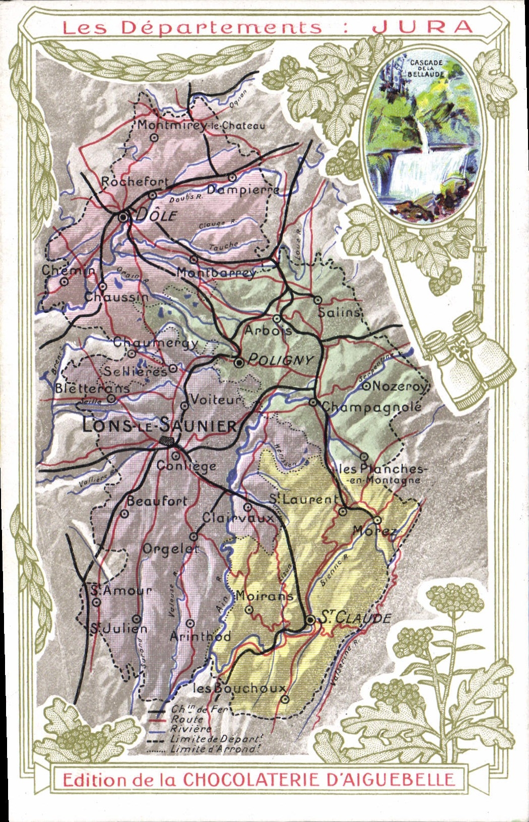 VINTAGE POSTCARD Geographical maps Chocolate factory of Aiguebelle the Jura Cascades of Bellaude