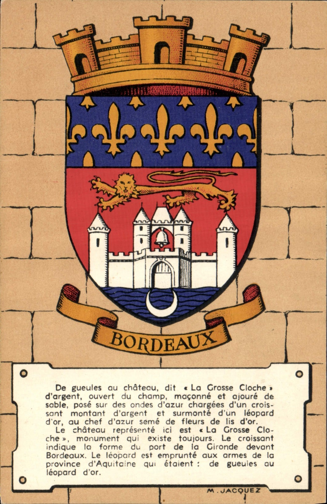 VINTAGE POSTCARD Heraldic of the towns of France by Maurice Jacquez Bordeaux Lion