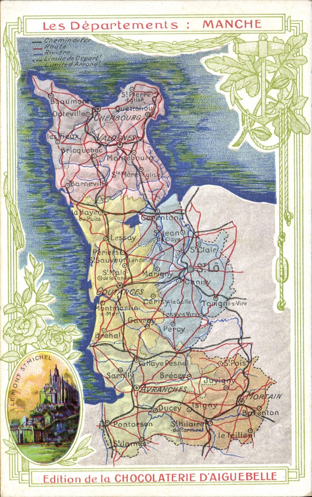 VINTAGE POSTCARD Geographical maps Chocolate factory of Aiguebelle Handle the Mount St Michel