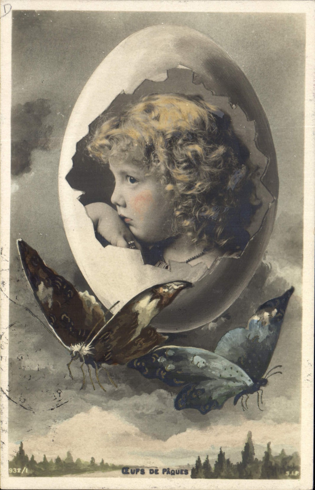 VINTAGE POSTCARD Fantasy Butterfly Child Easter eggs
