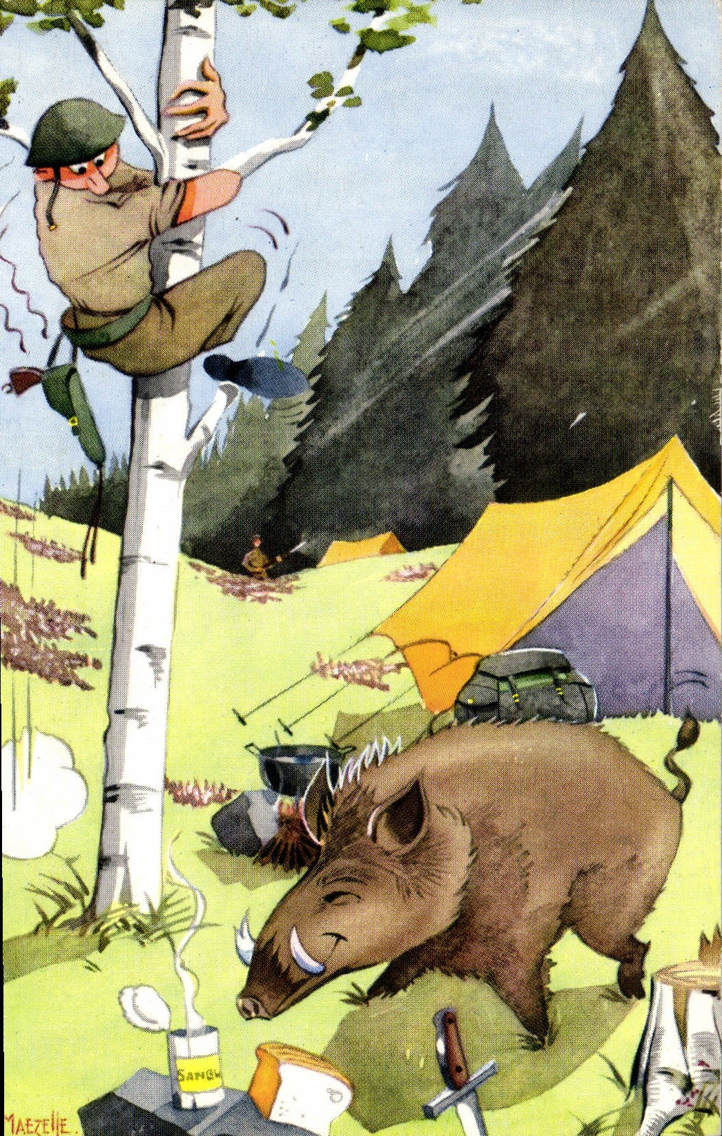 VINTAGE POSTCARD Fantasy Humor Soldier Militaria Caming Wild boar