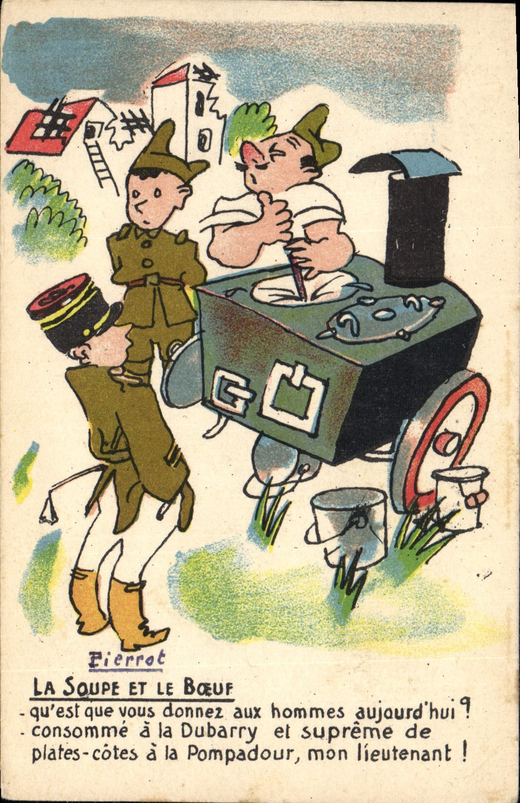 VINTAGE POSTCARD Militaria Fantasy soup and the Pierrot ox