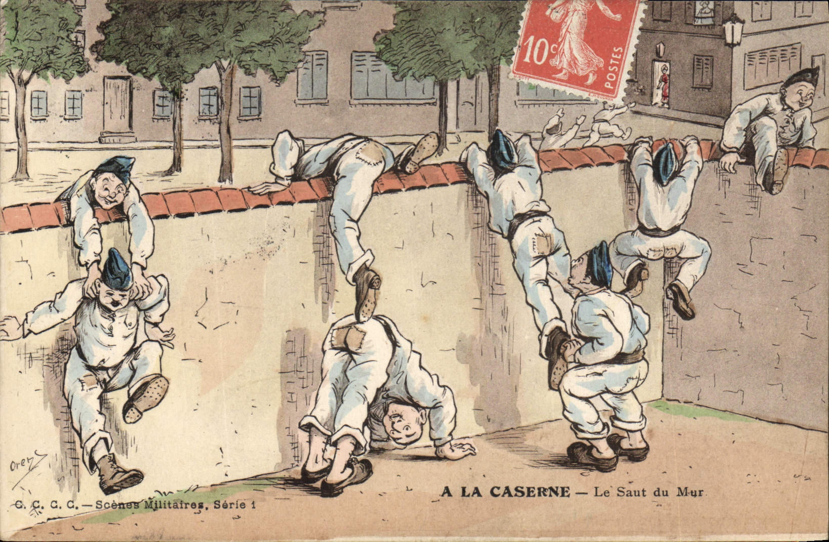CPA Fantaisie Militaria Le saut du mur 