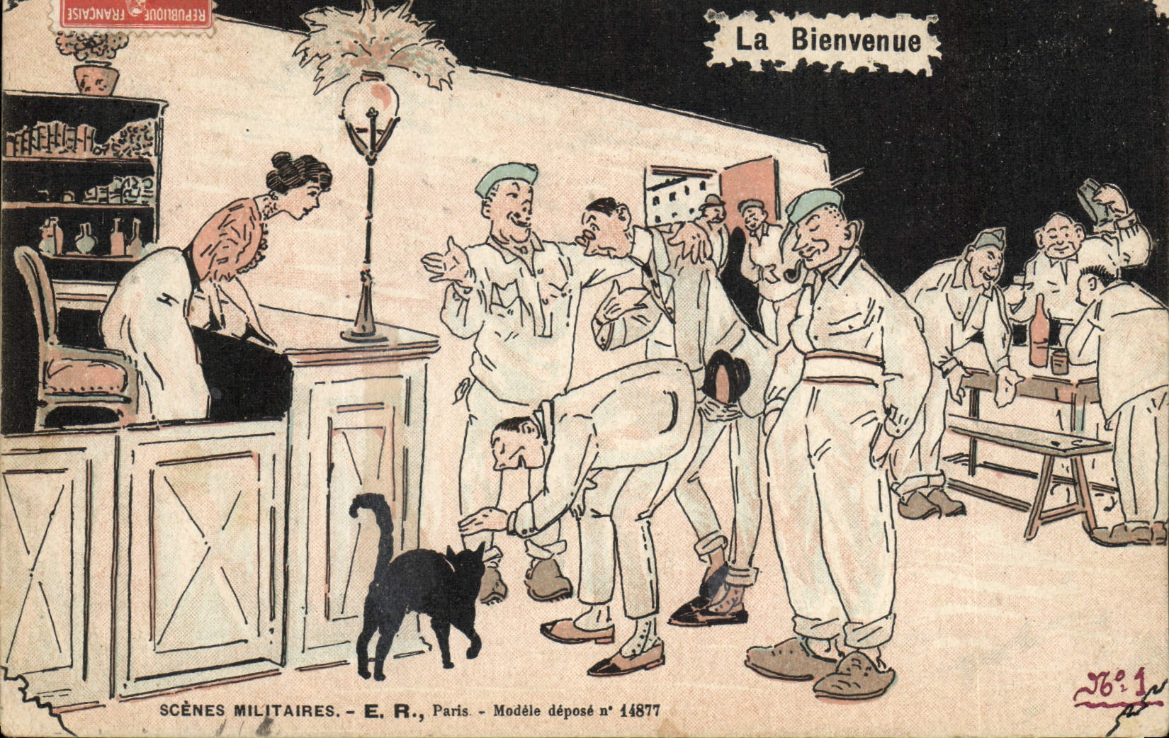 CPA Fantaisie Militaria La bienvenue Chat 