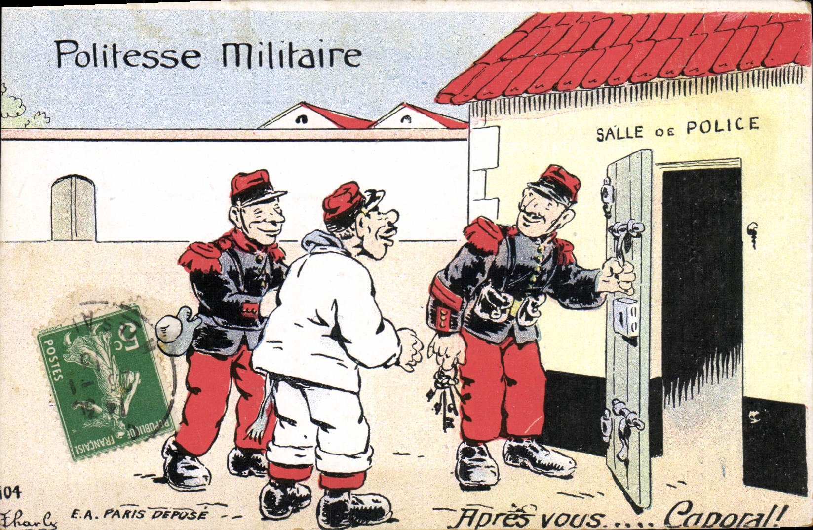 CPA Fantaisie Militaria Politesse militaire Salle de police 