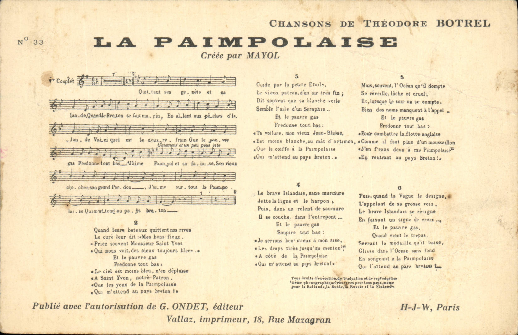 Canción Paimpolaise Theodore Botrel del folklore de la POSTAL de la VENDIMIA
