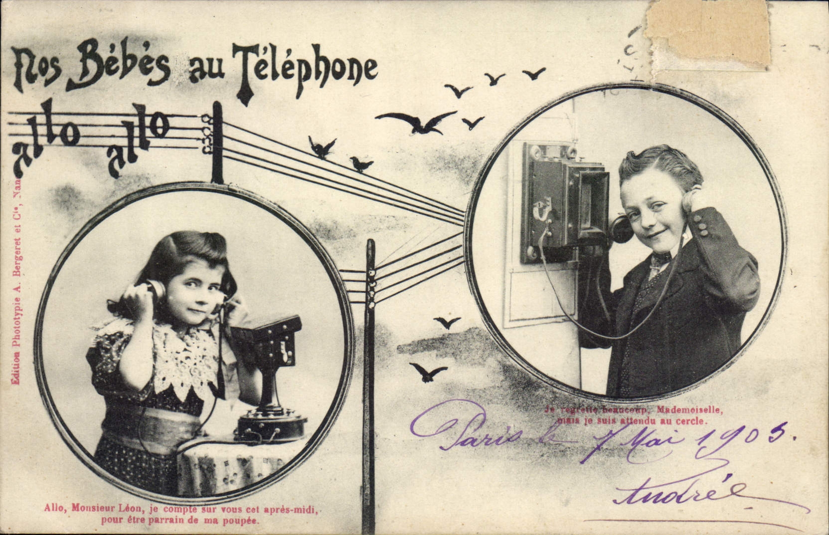 CPA Fantaisie Telephone Nos bebes au telephone