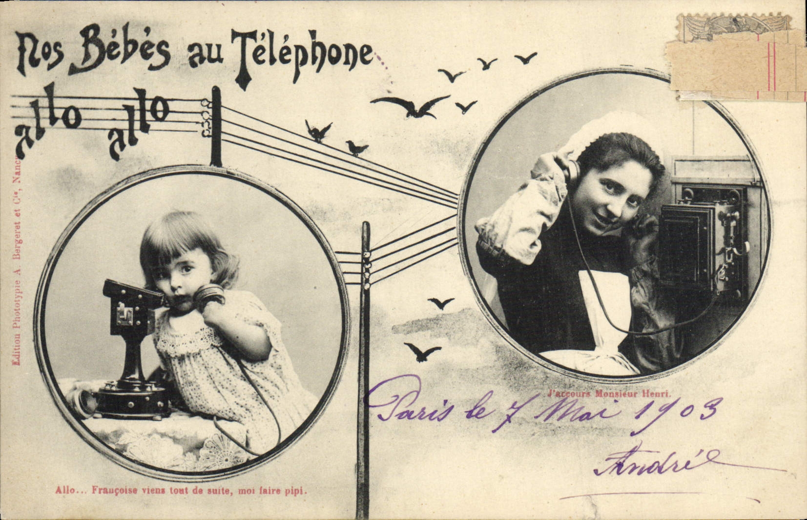 CPA Fantaisie Telephone Nos bebes au telephone