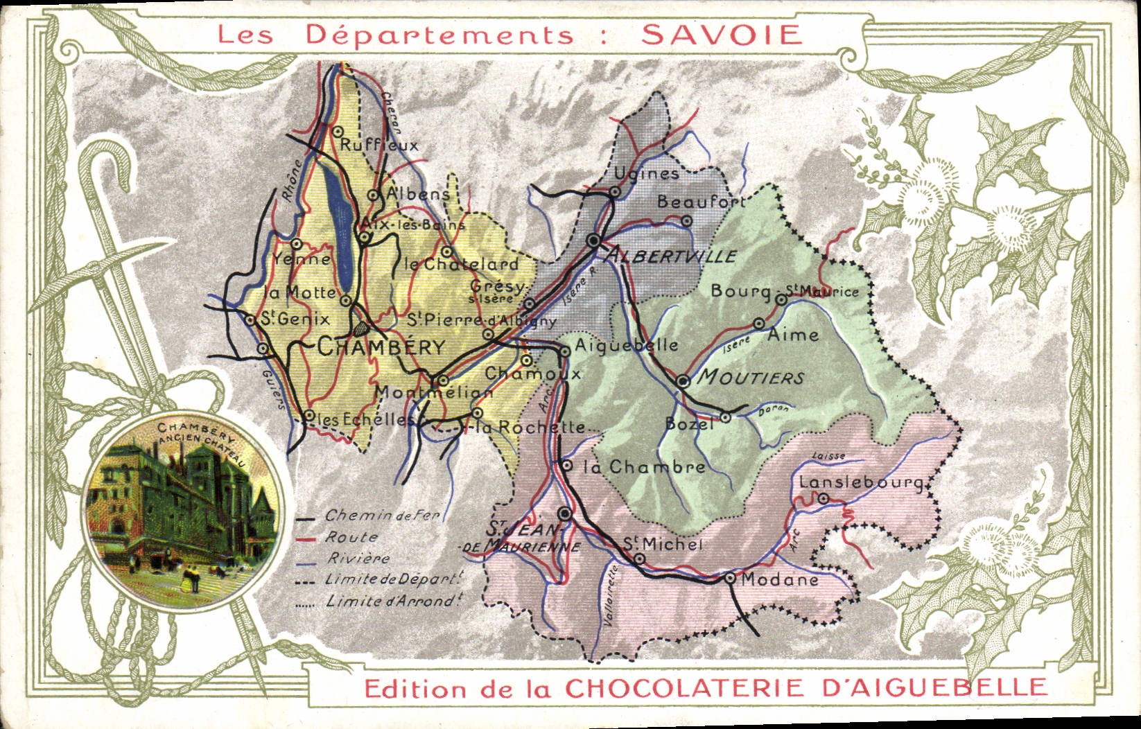 VINTAGE POSTCARD Geographical map Chocolate factory of Aiguebelle Savoy
