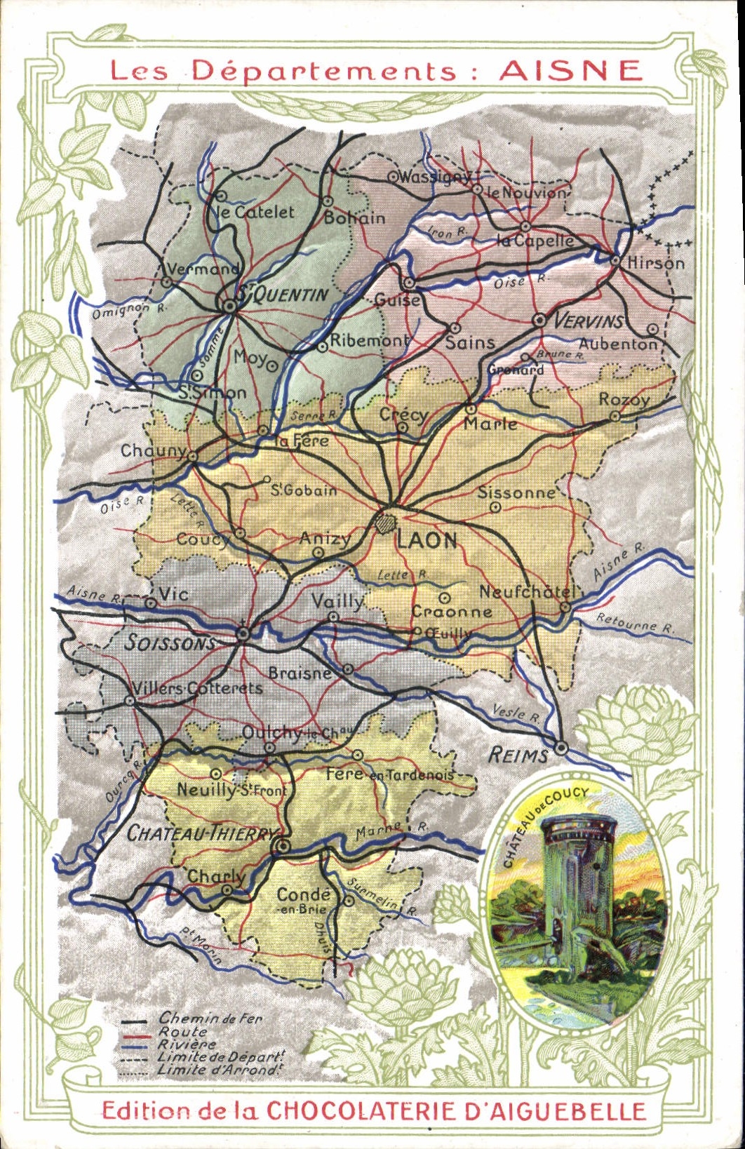 VINTAGE POSTCARD Geographical map Chocolate factory of Aiguebelle Aisne