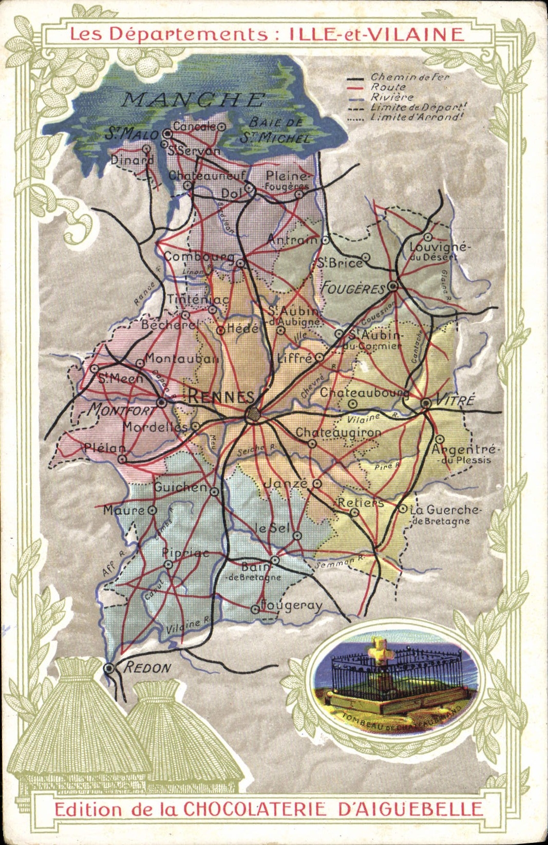 VINTAGE POSTCARD Geographical map Chocolate factory of Aiguebelle Ille and Villaine
