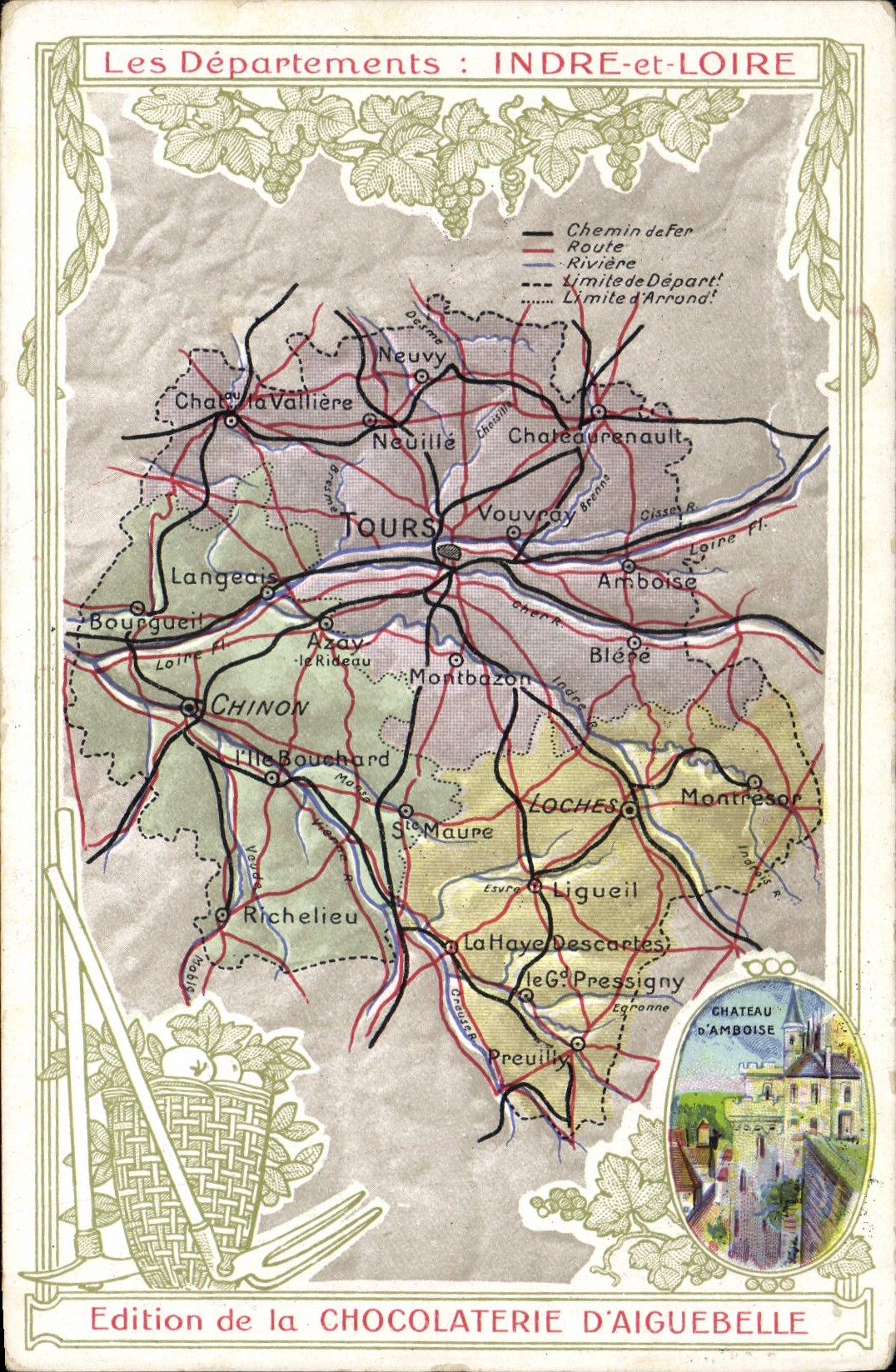 VINTAGE POSTCARD Geographical map Chocolate factory of Aiguebelle Indre and the Loire