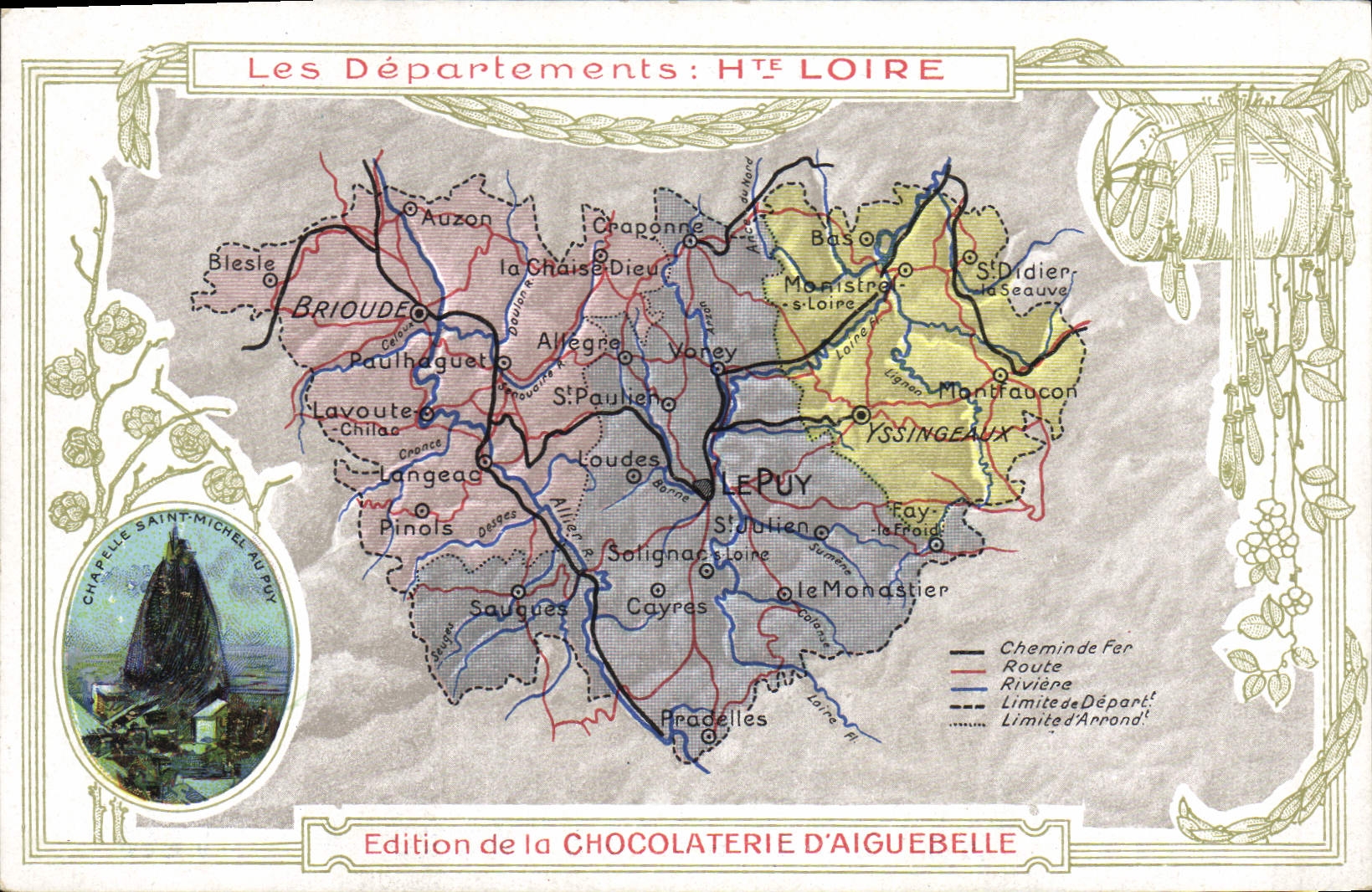 VINTAGE POSTCARD Geographical map Chocolate factory of Aiguebelle the High Loire