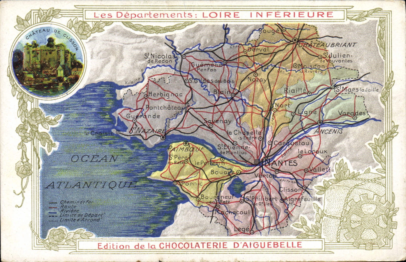 VINTAGE POSTCARD Geographical map Chocolate factory of Aiguebelle the Loire Lower