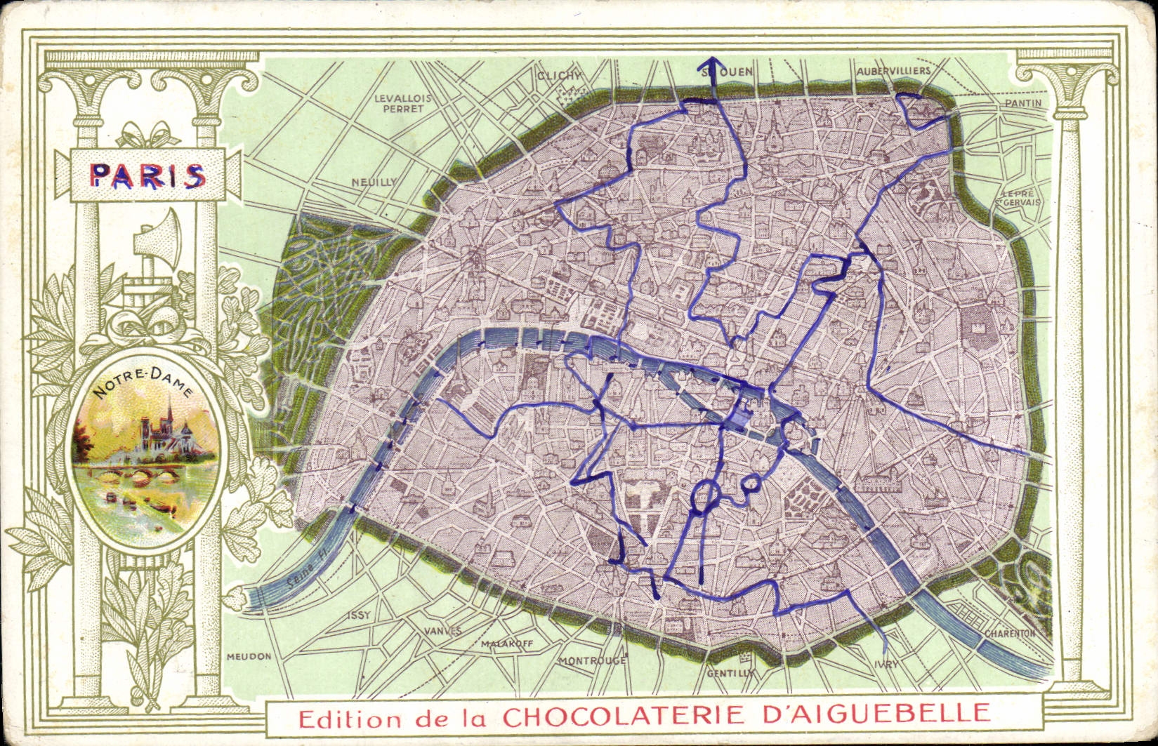 VINTAGE POSTCARD Geographical map Chocolate factory of Aiguebelle Paris