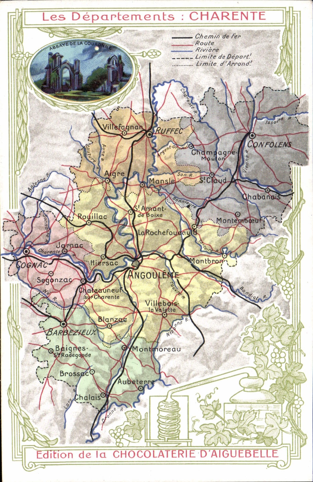 VINTAGE POSTCARD Geographical map Chocolate factory of Aiguebelle Charente