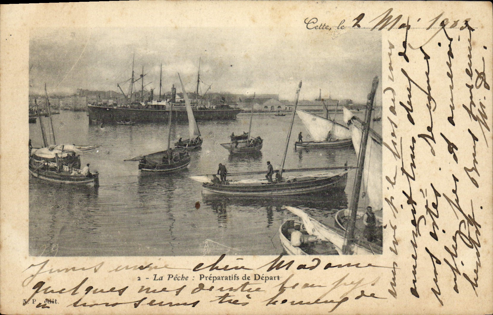 VINTAGE POSTCARD Boat Fishing Preparations at the beginning
