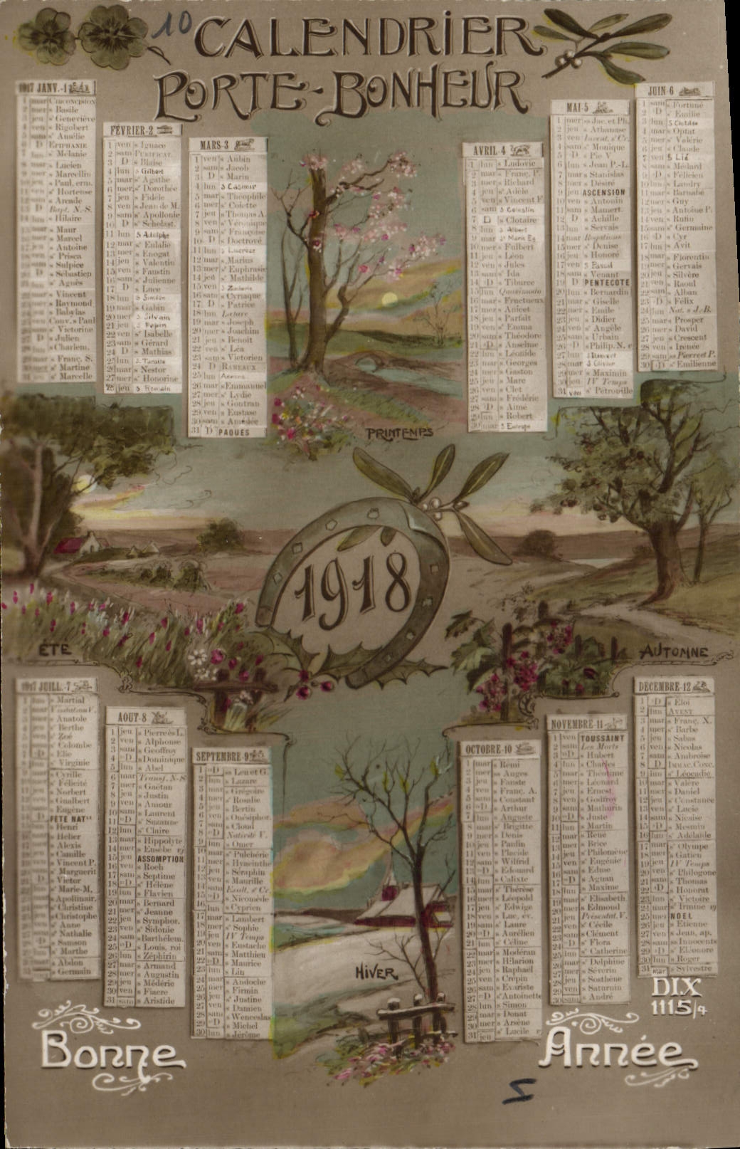CPA Fantaisie Calendrier Porte Bonheur 1918