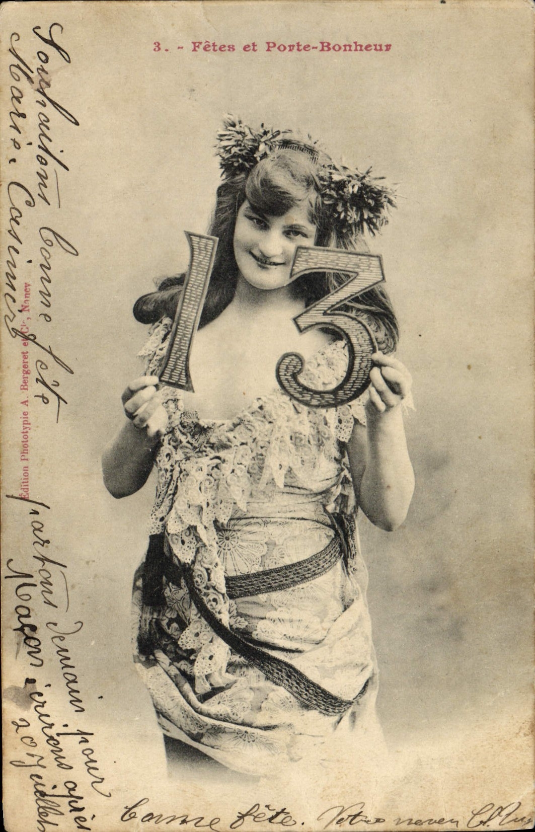 VINTAGE POSTCARD Fantaisie Woman Quantifies 13 Gate happiness