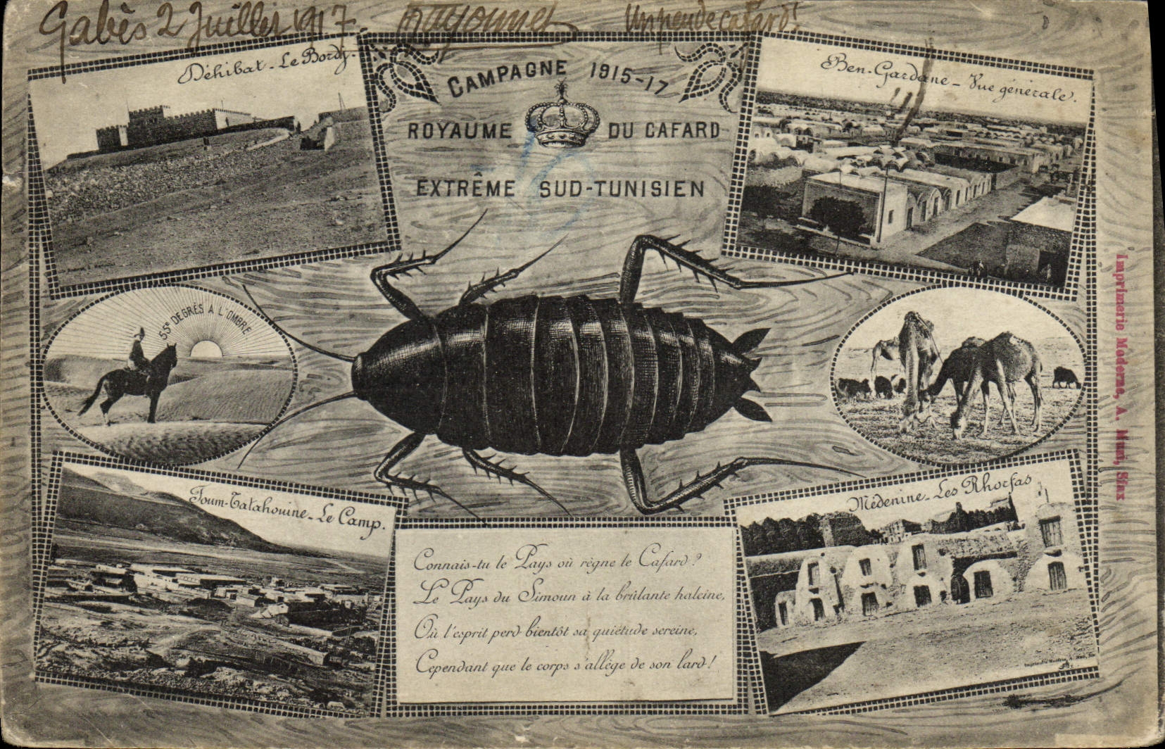 CPA Fantaisie Campagne 1915 1917 Royaume du Cafard Extreme Sud Tunisien Tunisie Militaria