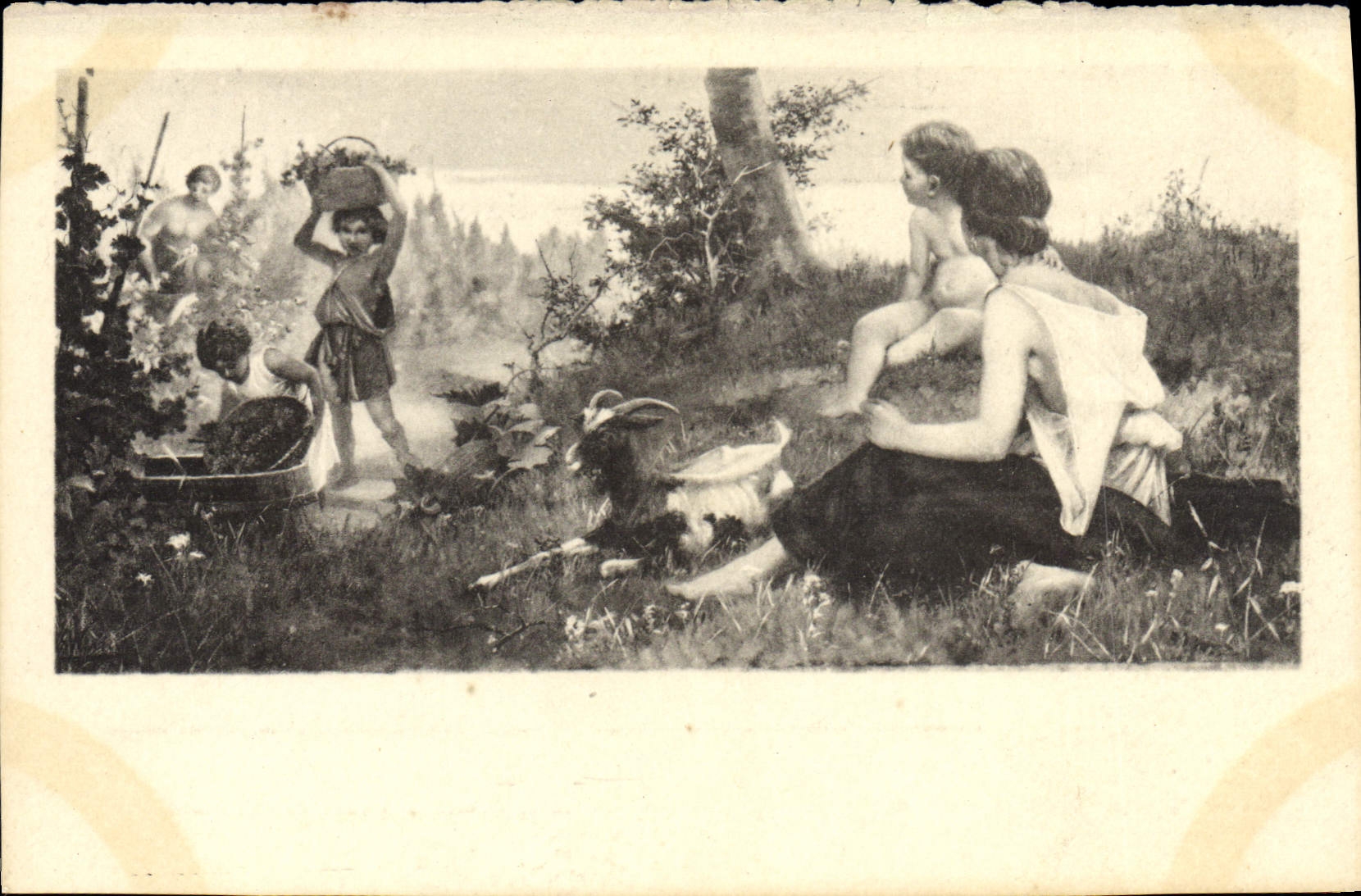 VINTAGE POSTCARD Goat Goats Women