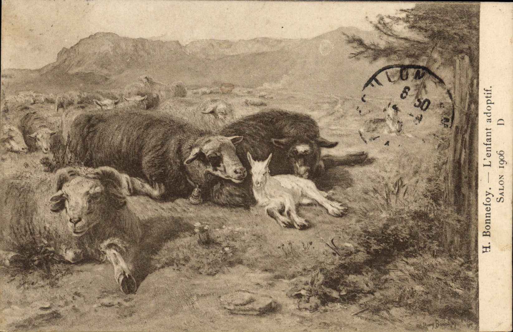 VINTAGE POSTCARD Bonnefoy Goat the adopted child Living room 1906