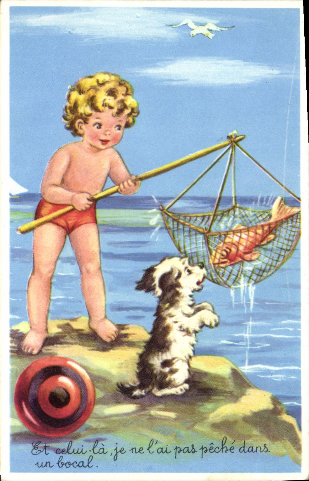 CPA Fantaisie Humour Enfant Plage Chien 