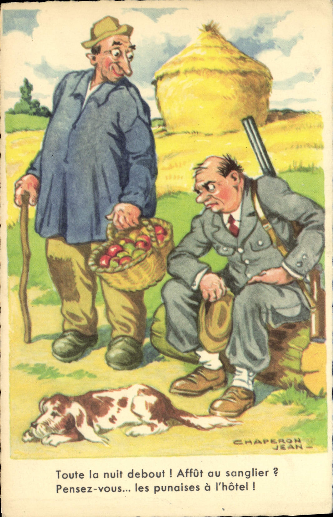 VINTAGE POSTCARD Fantaisie Humor Drives out Hunter Dog Jean Chaperon