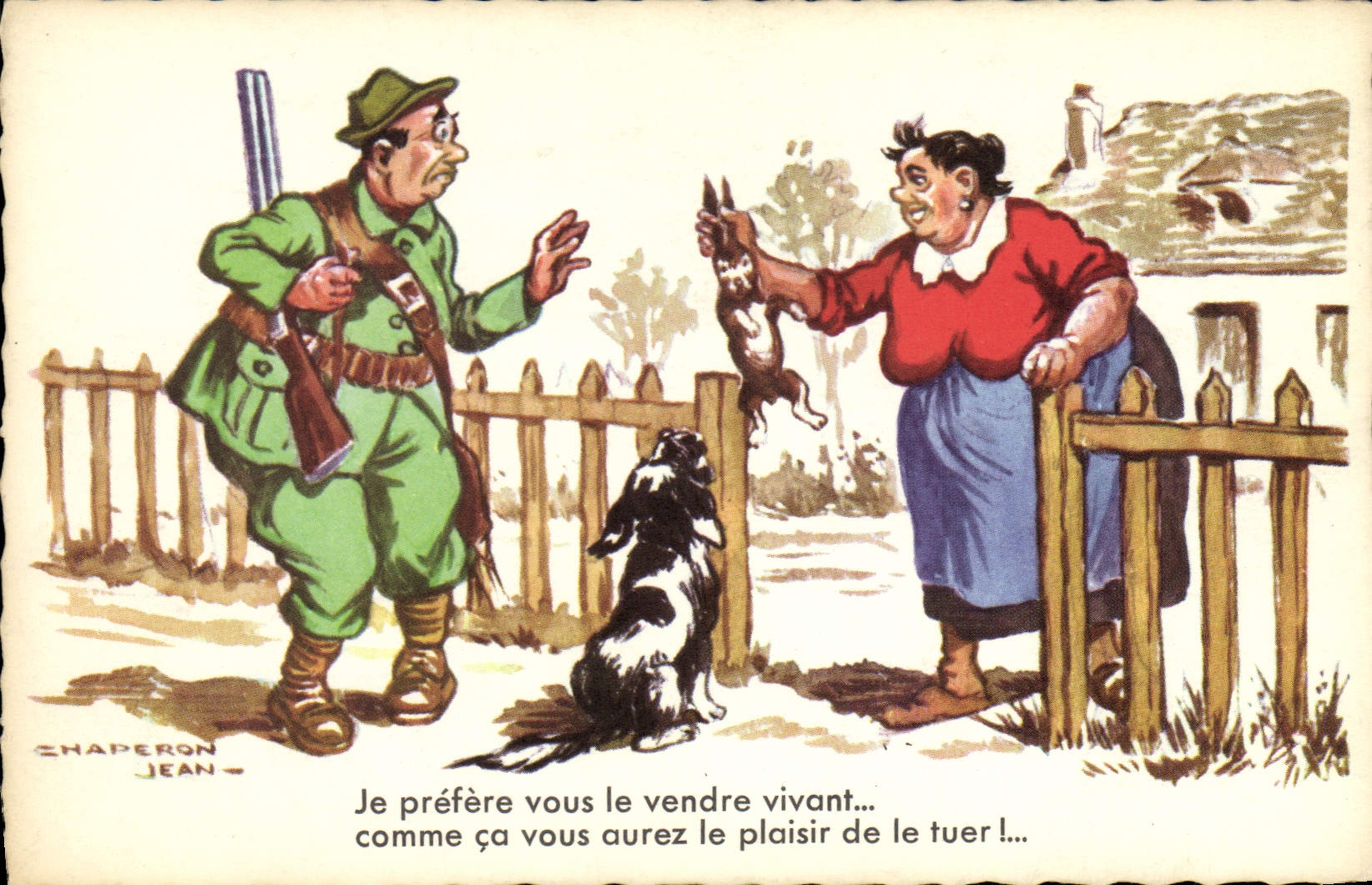 CPA Fantaisie Humour Chasse Chasseur Chien Jean Chaperon Lapin