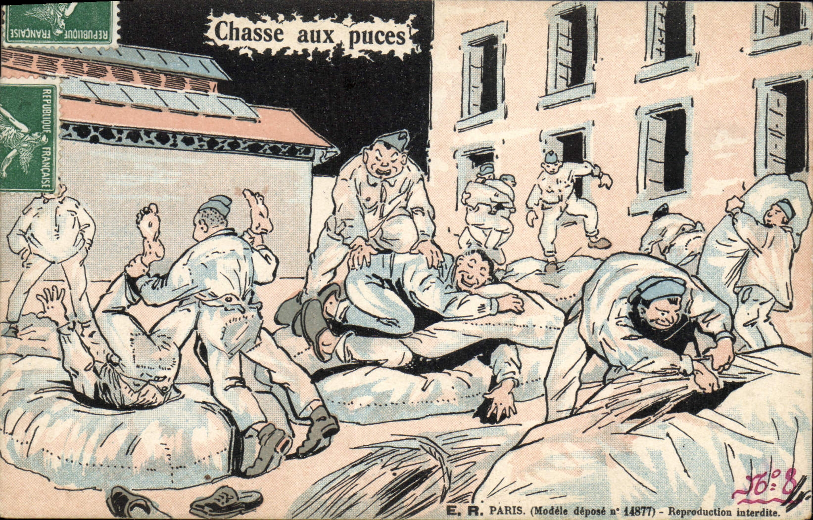 CPA Fantaisie Militaria Chasse aux puces