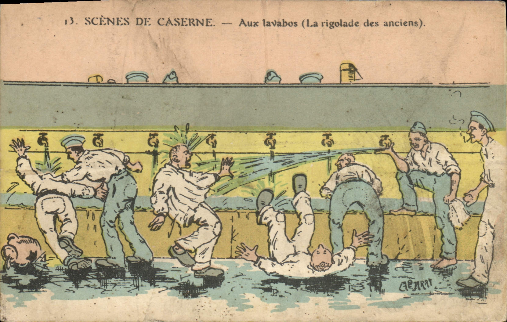 VINTAGE POSTCARD Fantasy Militaria Scenes of barracks To the wash-hand basins fun of old