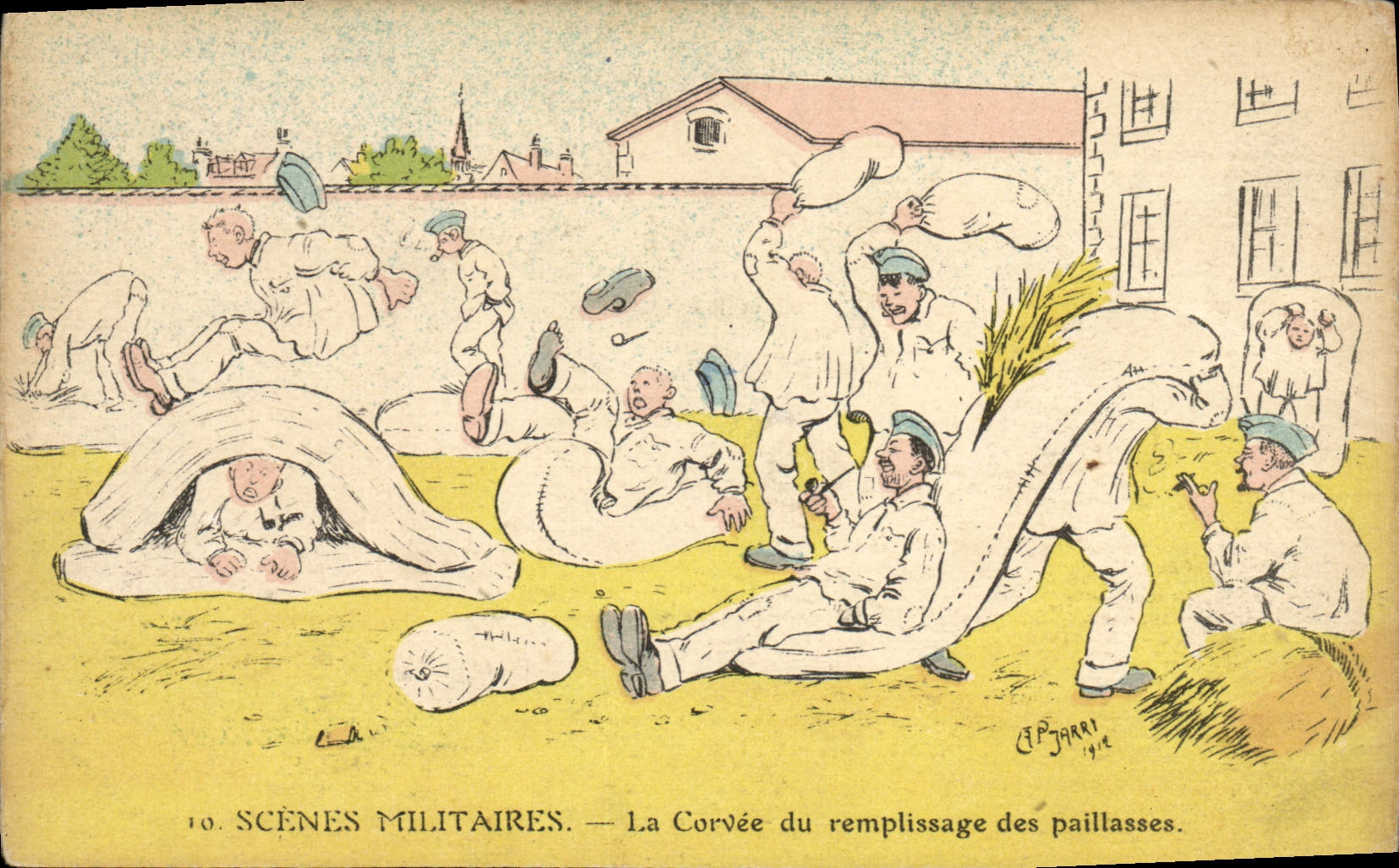 VINTAGE POSTCARD Militaria Fantasy the drudgery of the filling of the straw mattresses