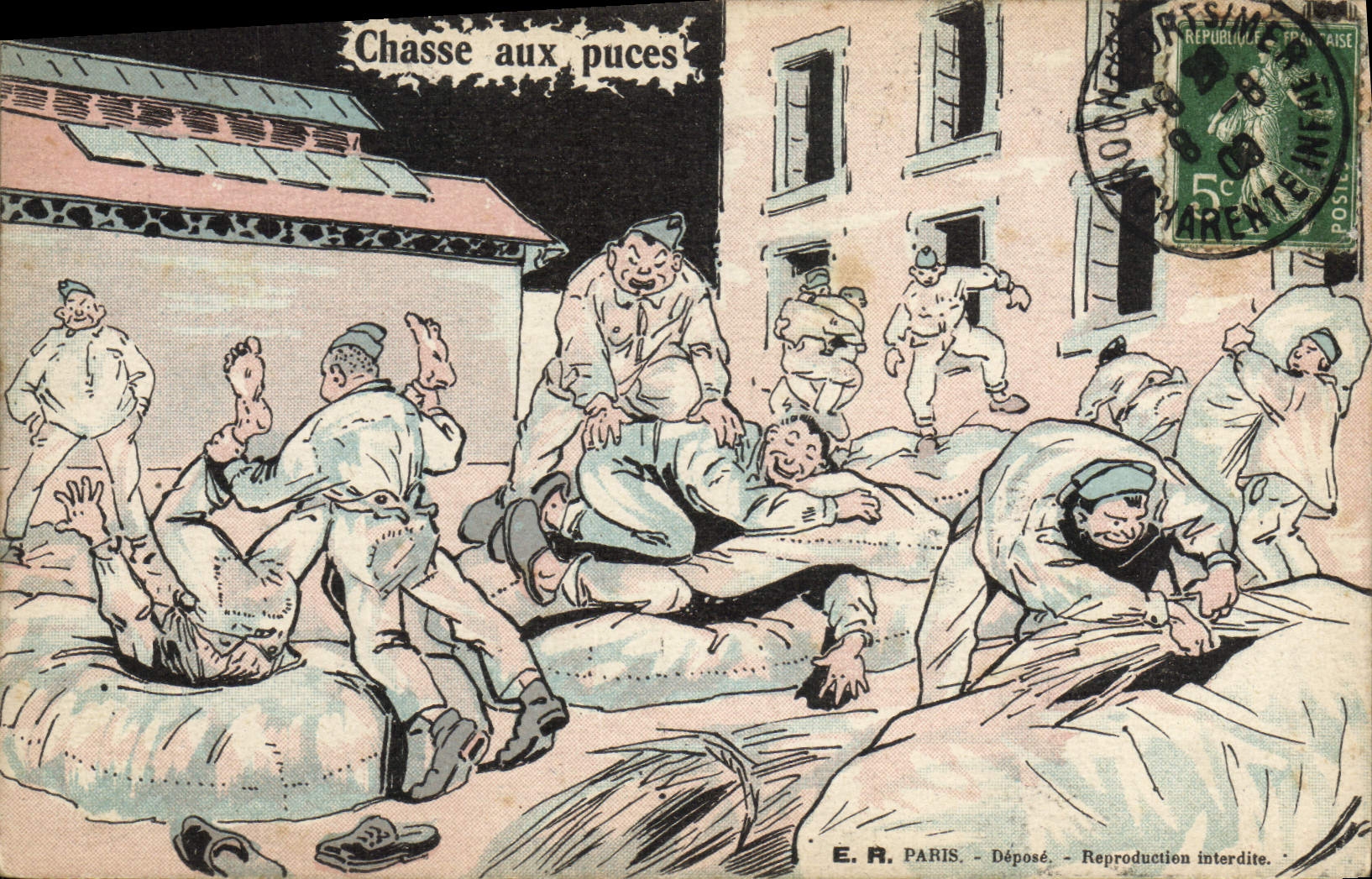 CPA Fantaisie Militaria Chasse aux puces