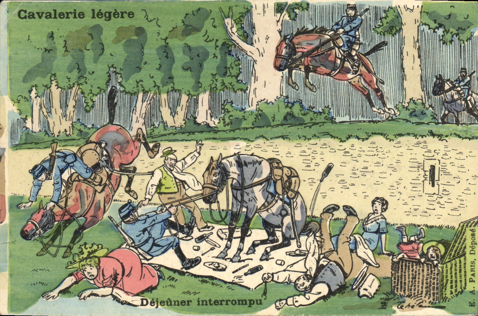 VINTAGE POSTCARD Fantasy Militaria Light cavalry Horse stopped Lunch