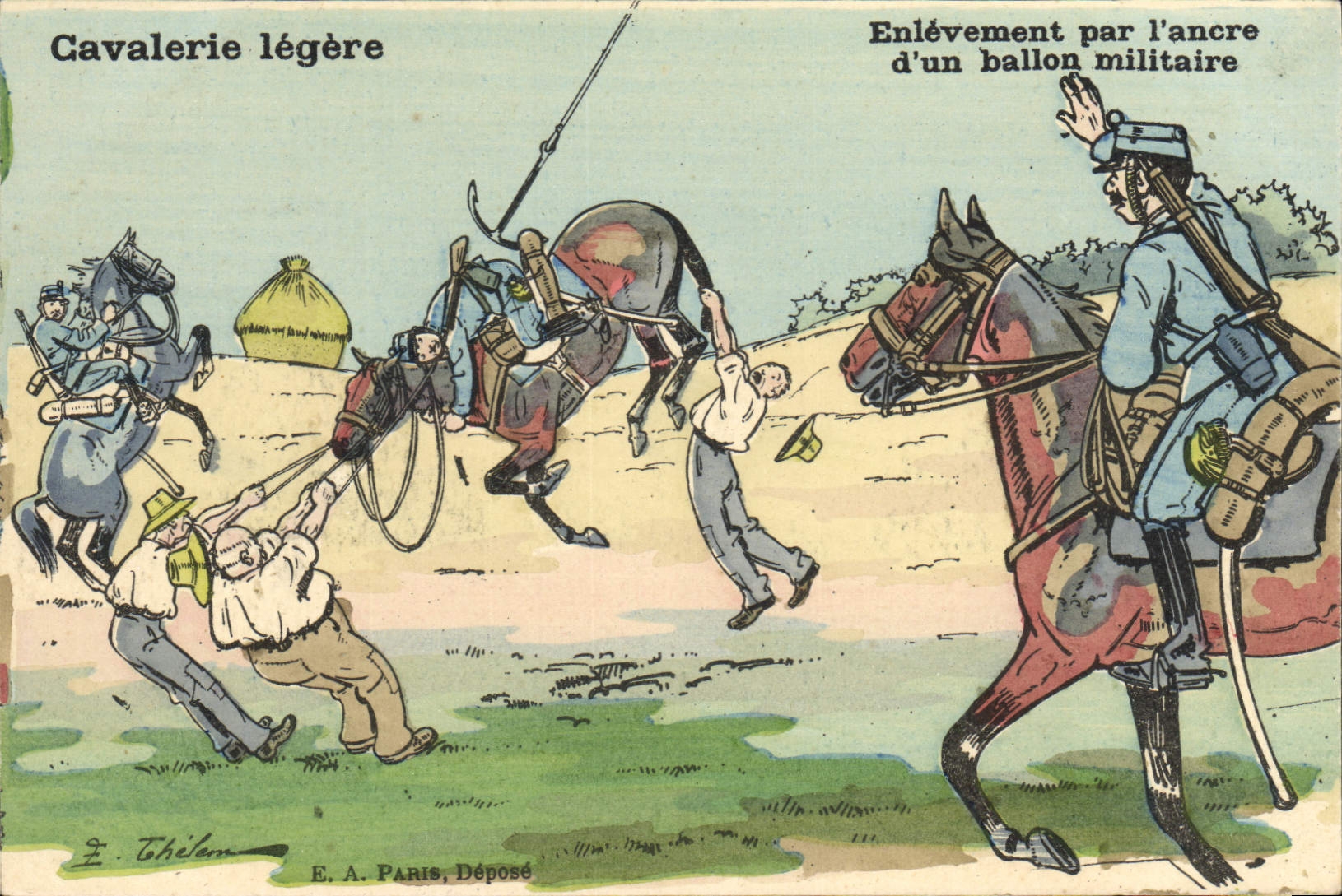 CPA Fantaisie Militaria Cavalerie legere Enlevement par l'ancre d'un ballon militaire Cheval